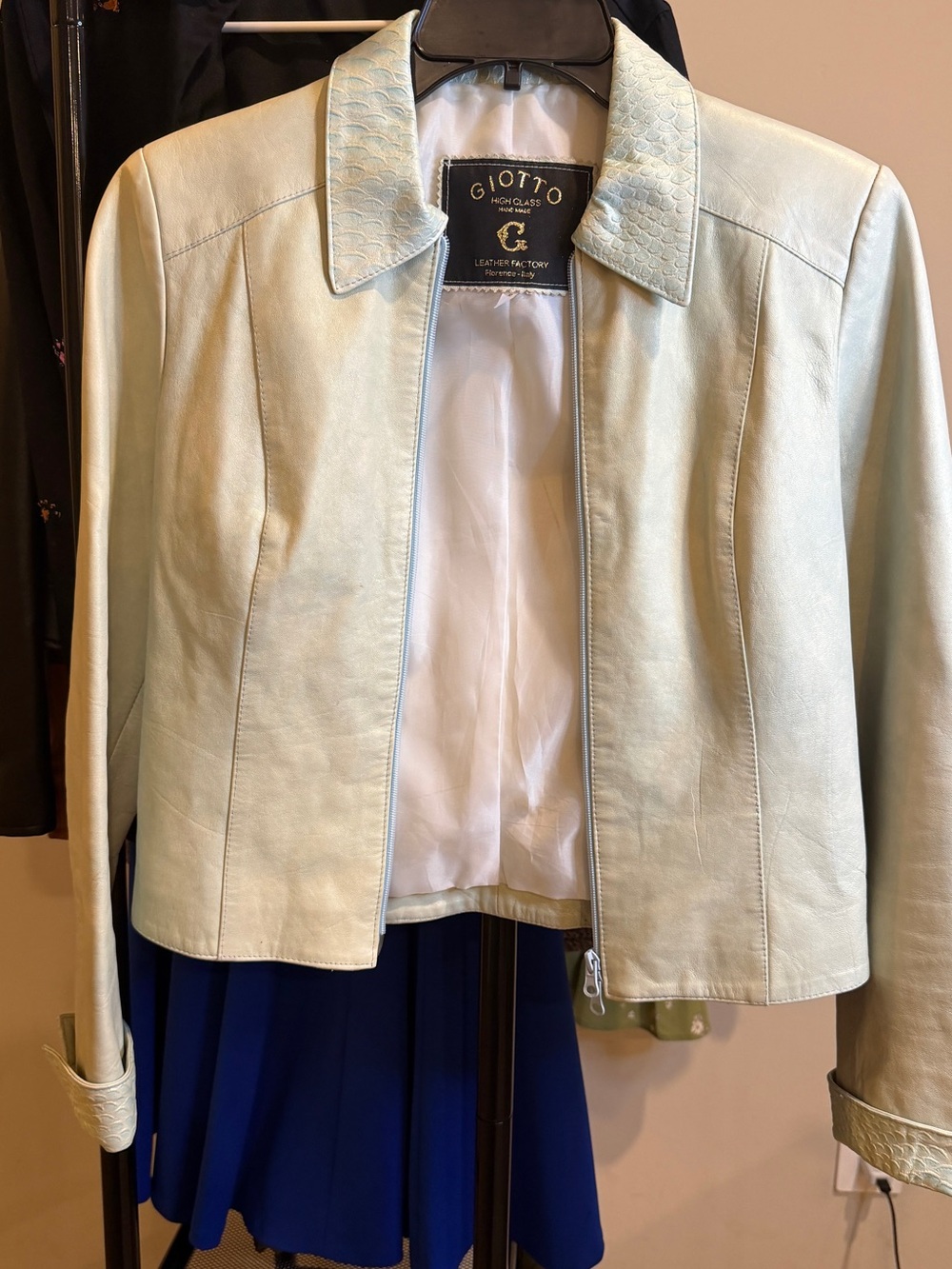 OTTO Mint Green Leather Jacket with Textured Collar